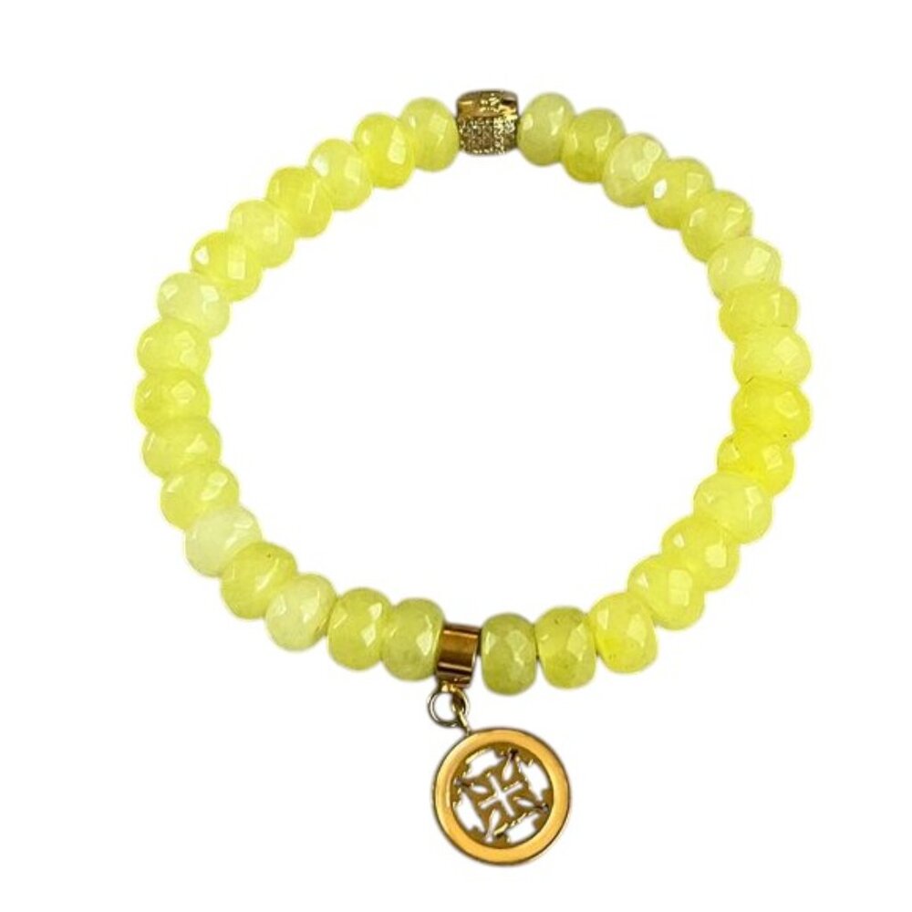 Rustic Cuff Lemon Yellow Jade Stretch Bracelet Semi Precious Faceted Stones